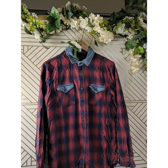 ZARA MAN Men's Plaid Red Blue Button Up Slim Fit Long Sleeve Collar Size Medium - Picture 2 of 7